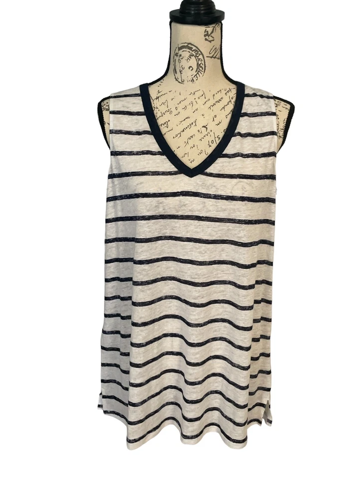 Camiseta sin mangas Tommy Bahama para mujer S de lino a rayas con cuello en V azul marino blanco Foto 2 de 4