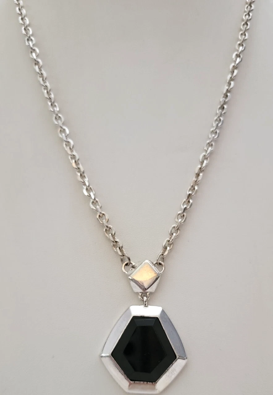 Etienne Aigner Black Glass Pendant Silver Tone Rolo Chain Necklace 25" L