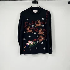 VTG Bechamel M Christmas Holiday LS Mock Neck Embroidered Santa Sleigh Rudolph