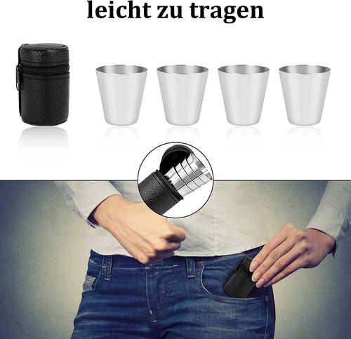 Edelstahl Becher 30 ml Schnaps Gläser Metall Flachmann Set Leder Schnapsgläser - Bild 4 von 14