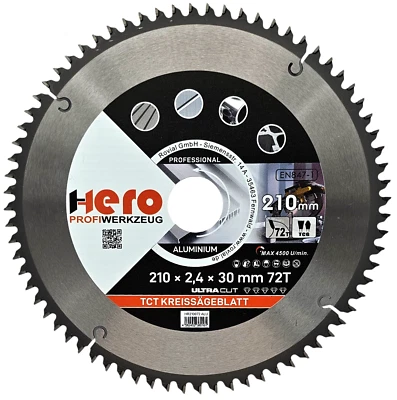 HERO PROFIWERKZEUG Profi Kreissägeblatt 210 x 30/20 mm 72Z HM Sägeblatt TCT Sägeblätter ALU HERO