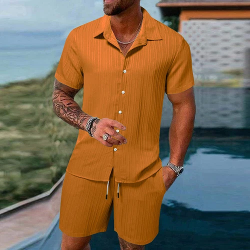 Conjunto de 2 trajes informales de manga corta y pantalones cortos de verano para hombre❤ - Imagen 5 de 23