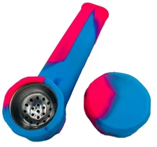 Silicone Smoking Pipe with Metal Bowl & Cap Lid | Pink/Blue  | USA