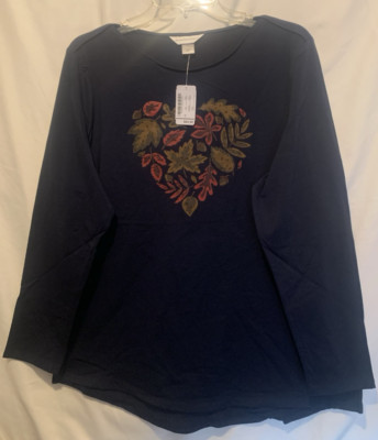 Christopher & Banks XL Navy w/Leaf Heart Knit Top, round neck, long sleeves-NWT