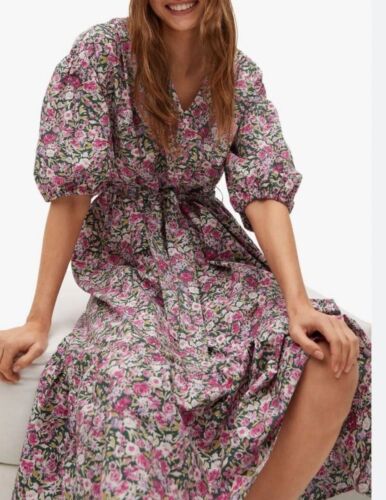 MNG By Mango Linda Dress Midi Pink Floral Puff Sleeve Belted Sz 10 Oversized NWT - Picture 3 of 10