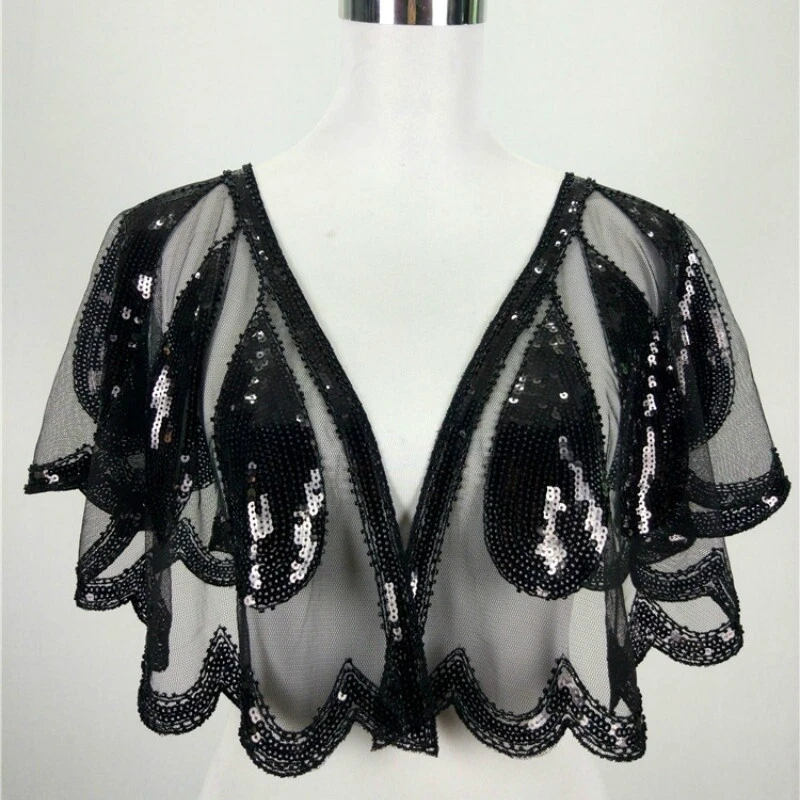 Cárdigan bolero de encaje transparente con capa de lentejuelas vintage para mujer chal noche graduación Foto 3 de 4