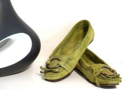 YSL Yves Saint Laurent Moccasin Flats Green Suede O Ring Fringe Loafer sz 7.5