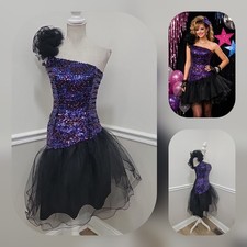 Vintage'80s Black Sequins One Shoulder Prom Party Formal Dress Gown 