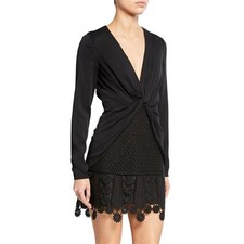 Self-Portrait Black Knotted V-Neck Guipure Lace Mini Dress – Size US 4