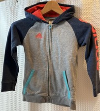 Adidas Kids Unisex 7 Hoodie Sweatshirt Zip Front Cotton Gray Blue Orange Pockets