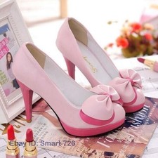 New Sweet Women Platform High Stiletto Heels Bowknot Slip on Pumps Dress Shoes