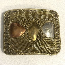 VTG Large Brass Brutalist Abstract Belt Buckle Copper Brass Silver Cabochons