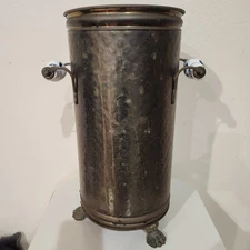 Vintage Dutch Brass Umbrella Stand w/ Lion Paw Feet + Delft Pottery Handles MCM