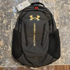 Under Armour Hustle 6.0 Backpack Full Heather Black/Gold Water Repellent NEW