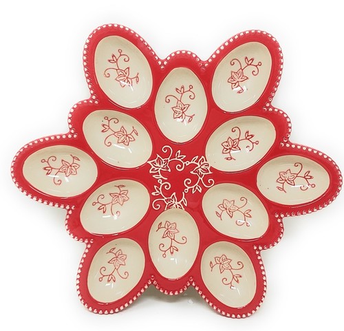 Temp-tations  12 Count Egg Tray, Fresh or Deviled Eggs T49561 Floral Lace Red
