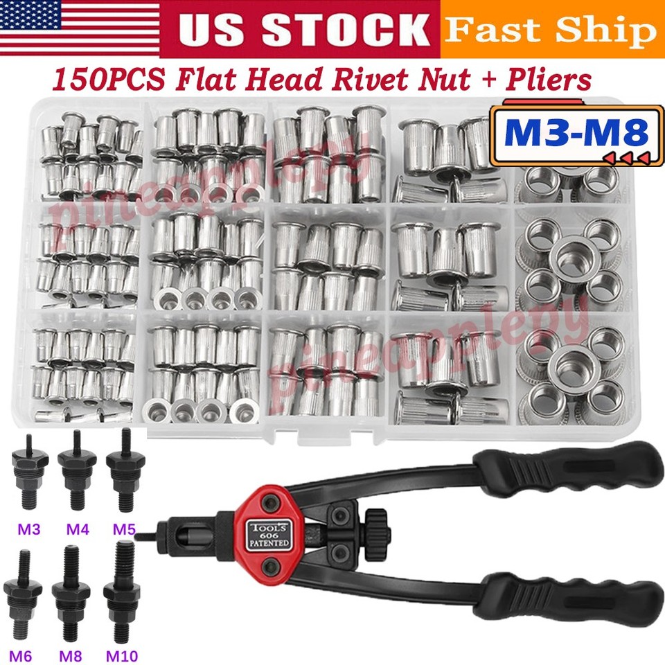 615X Rivet Nut Tool Kit Stainless Steel 304 Flat Head Rivnut Threaded ...