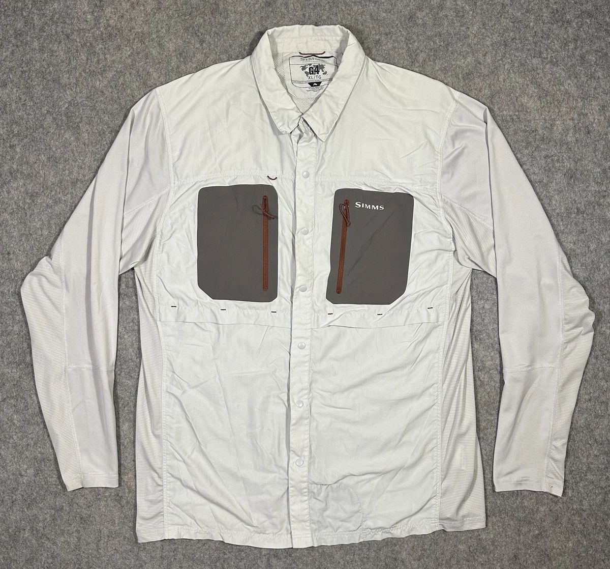 Camisa de Pesca Simms G4 TriComp Para Hombres XL Blanca Manga Larga Ventilación Cremallera Bolsillo Exterior