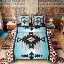 Western Size Bed Sheets and Comforter Set, Boho Decor Full Orange Teal Black