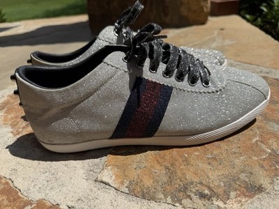 Authentic Gucci Bambi Glitter Stud Low Top Sneakers Silver Cat Head 11.5