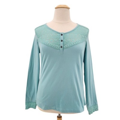 Aventura Womens XL Top Organic Cotton Crochet Lace Henley Tunic Aqua Blue Boho