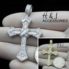 MEN 925 STERLING SILVER ICY BAGUETTE CZ SILVER/GOLD PLATED CROSS PENDANT*ASP313