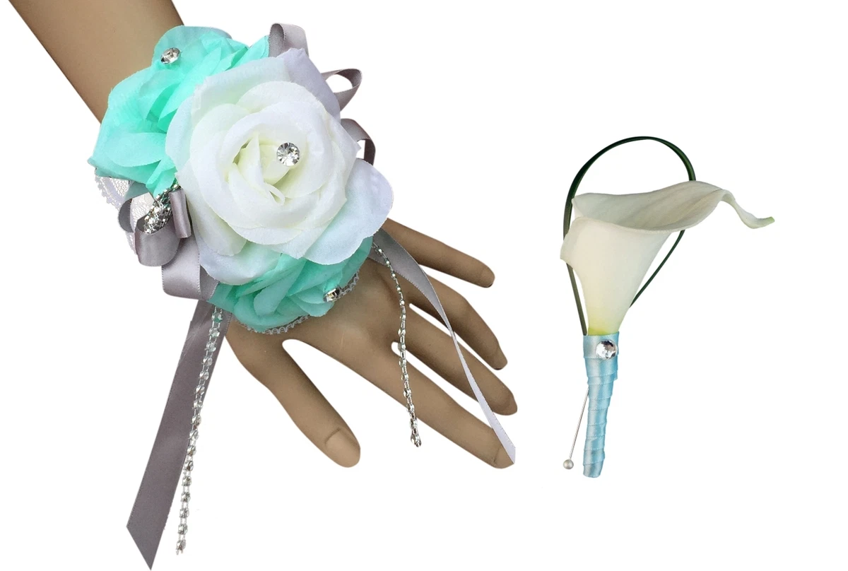 2pc Set Wrist Corsage and Boutonniere Aqua Mint Green and Ivory