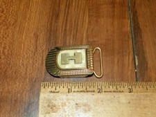 Vintage MACO Brass Belt Buckle Momogrammed "H" w/ Mother of Pearl Inlay