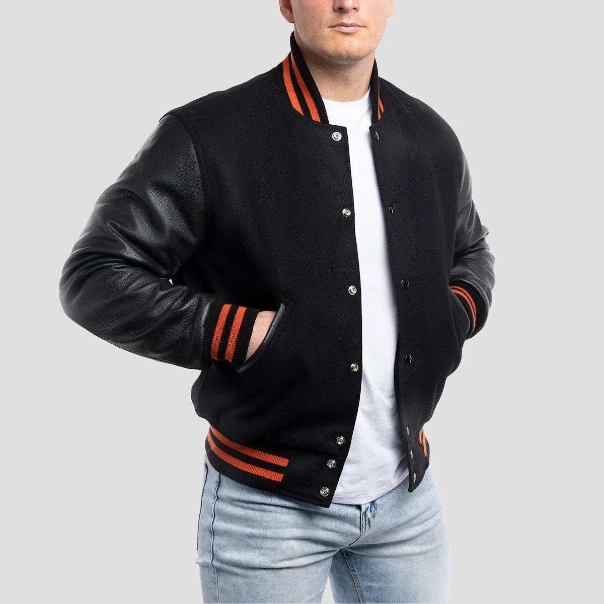 Men's Varsity Jacket - Classic Letterman Style, Wool & Leather, Size XS-3XL