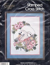Golden Bee Stamped Cross Stitch Kit, 1989, Swans  Flowers, 14 x 18