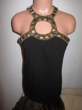 CACHE Embellished Beaded Jewel Sleeveless Black Tank Top Tie Neck Tunic Size M
