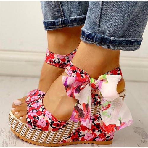 SALDI- Scarpe Zeppa fiocco caviglia SANDALI Ciabatte estate ROSA FIORI |  eBay
