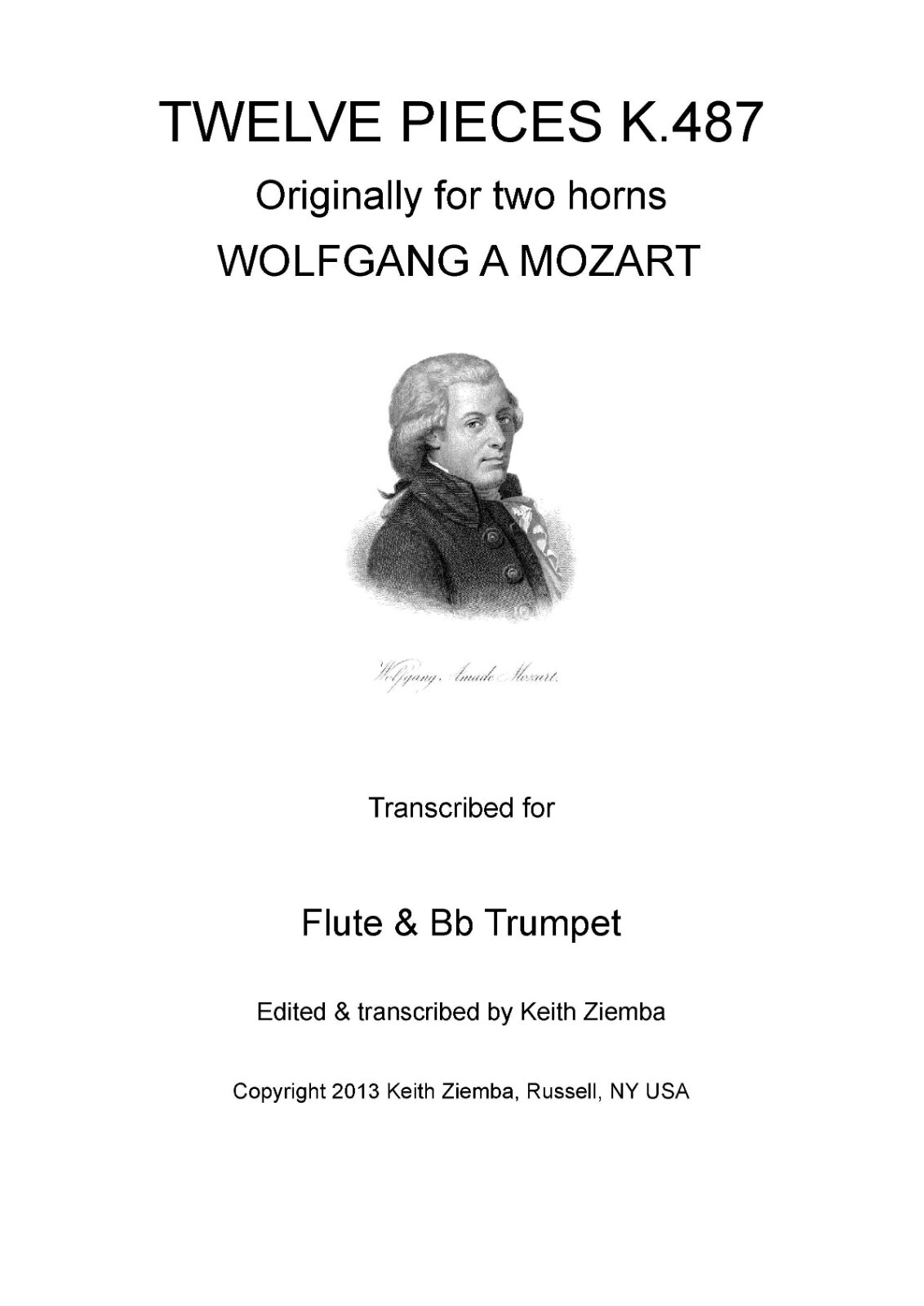 Flute & Trumpet duets - Mozart 12 Horn Duets K.487 transcribed by K. Ziemba NEW