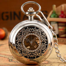 Classic Steampunk Silver Mechanical Hand-winding Men Women Pocket Watch Chain