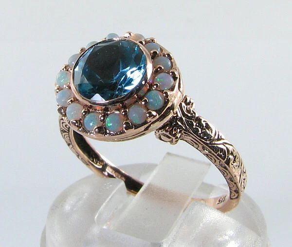 PILLBOX 9K 9CT Oro Rosa Locket Anillo Cluster Pillbox Topacio Azul