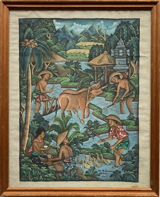 Tempera Bali Indonesien Asien Volkskunst Personen Frauen Büffel Bauern Batwan