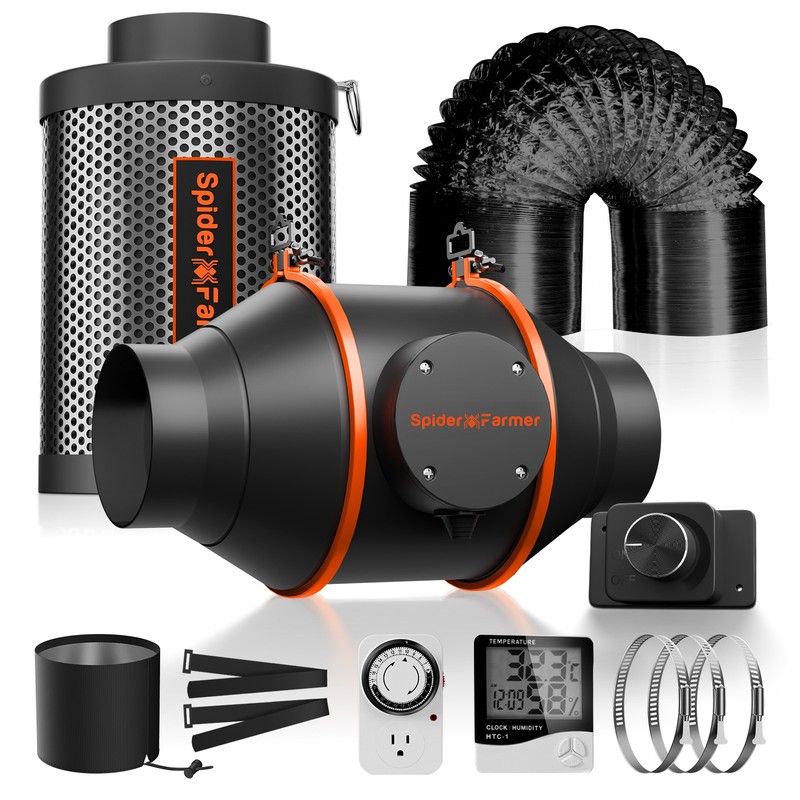 Spider Farmer 4" 205CFM Inline Fan Kit w/ Air Carbon Filter for Grow Tent Kits