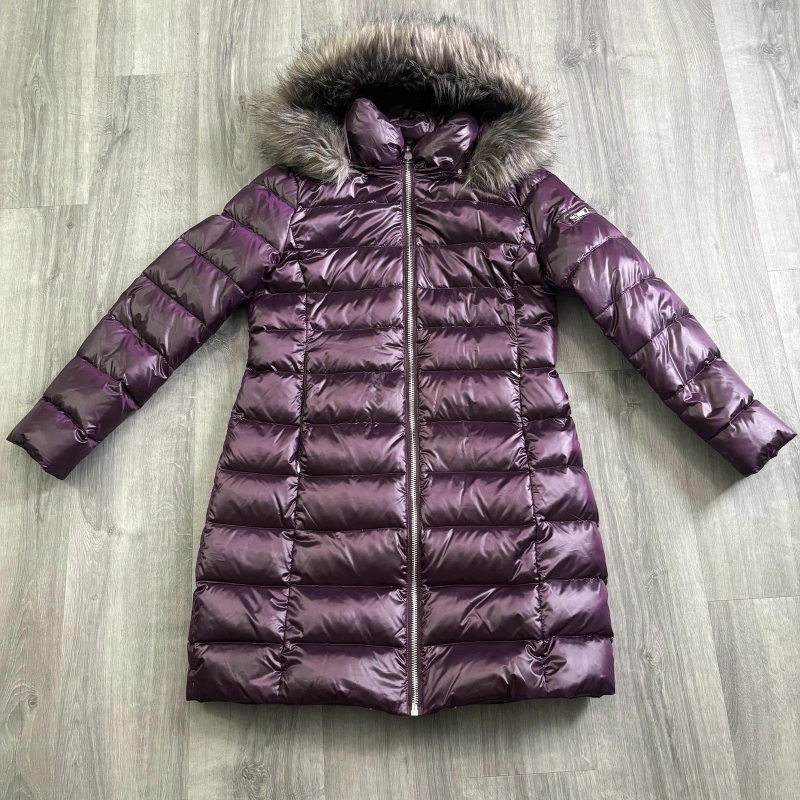 DKNY Winter Snow Down Puffer Jacket Women's Size Large Hooded Purple Anorak