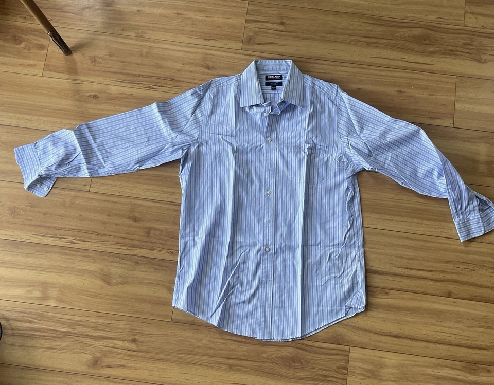 Kirkland Signature Men’s Dress Shirt 16.5 34/35 L Tailored Fit Non-Iron Striped - Image 4 of 4