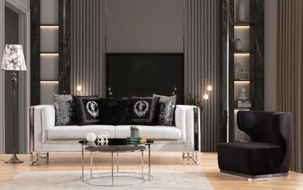 Weiß-Schwarze Couchgarnitur Wohnzimmer Sofas Dreisitzer Polster Sessel-image