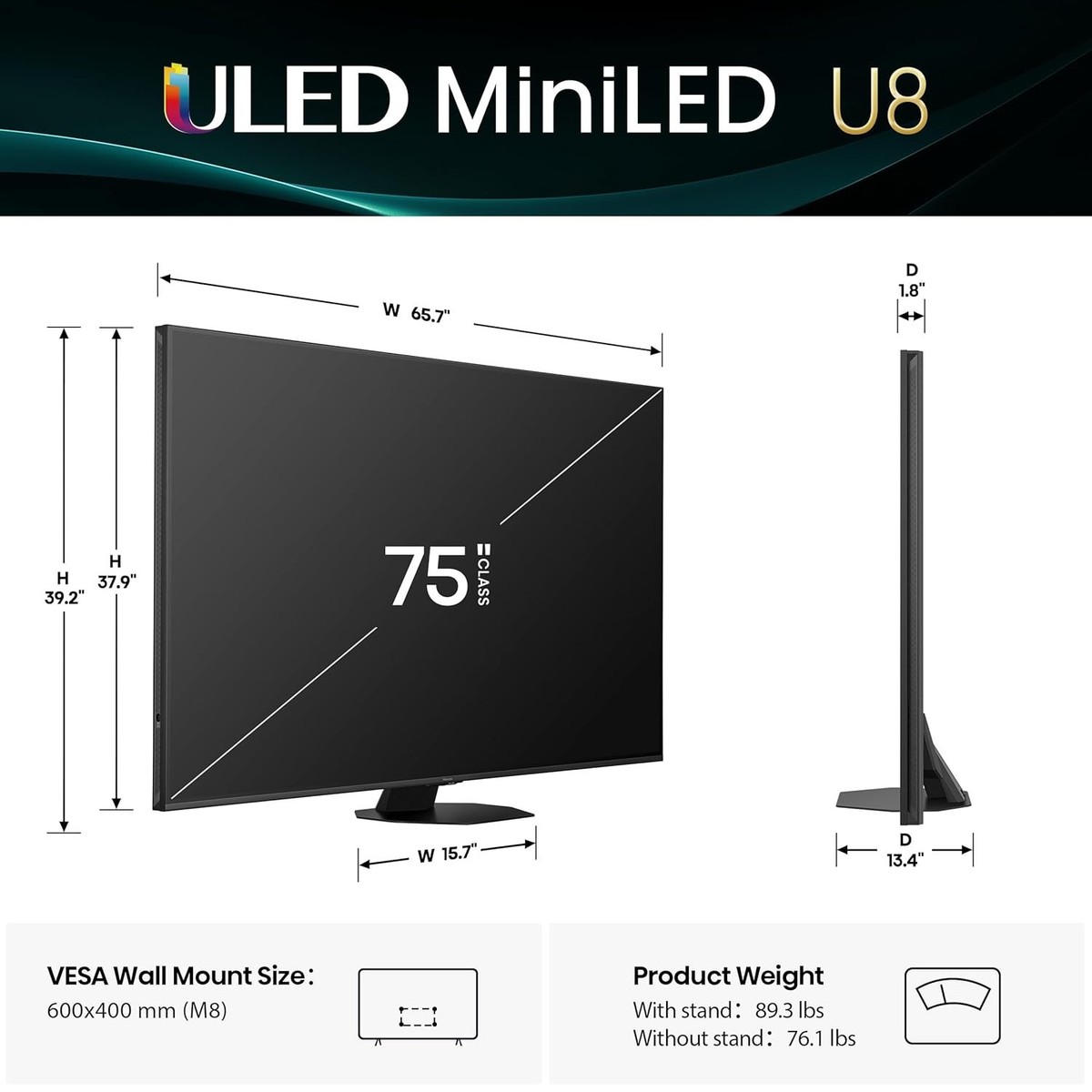 Hisense 75 inch 75U8QG Class 165 Hz U8 MiniLED ULED 4K Smart