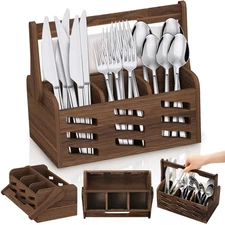 Silverware Caddy with Handle Wooden Flatware Utensil Holder for Party 4 Compa...