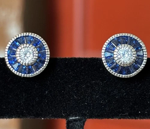 Vintage Sterling Silver Blue & Clear CZ Earrings 925 Art Deco