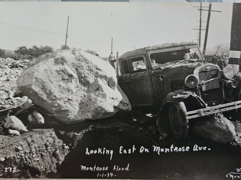 Vintage RPPC Postcards Photographs 1934 Montrose Ca. Flood Cars Boulders Streets