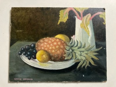 Vintage Ölgemälde Stillleben Ananas signiert Hardman Küche Galerie Wand