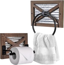 Rustic Farmhouse Toilet Paper Holder and Towel Ring Rack Set, Wall Mount Farm...