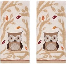 Celebrate Fall Owl and Tree Autumn Leaves Soft Beige Bath Hand Towels 2-pk.