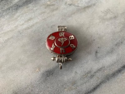 Tibetan Silver OM Mani Mantra & Seva Symbol in Red Coral Prayer Box Gau 64