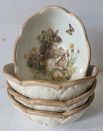 4  Vtg CRACKER BARREL "Easter Traditions" Oval Bowls Bunny Rabbit Ceramic