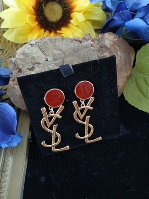 Designer Logo Haute Couture Pierced Runway Shoulder Duster Gold Tone Earrings