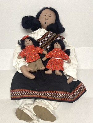 Vintage 24'' Cloth Navajo Native American Doll Stitched Face w/2 smaller dolls